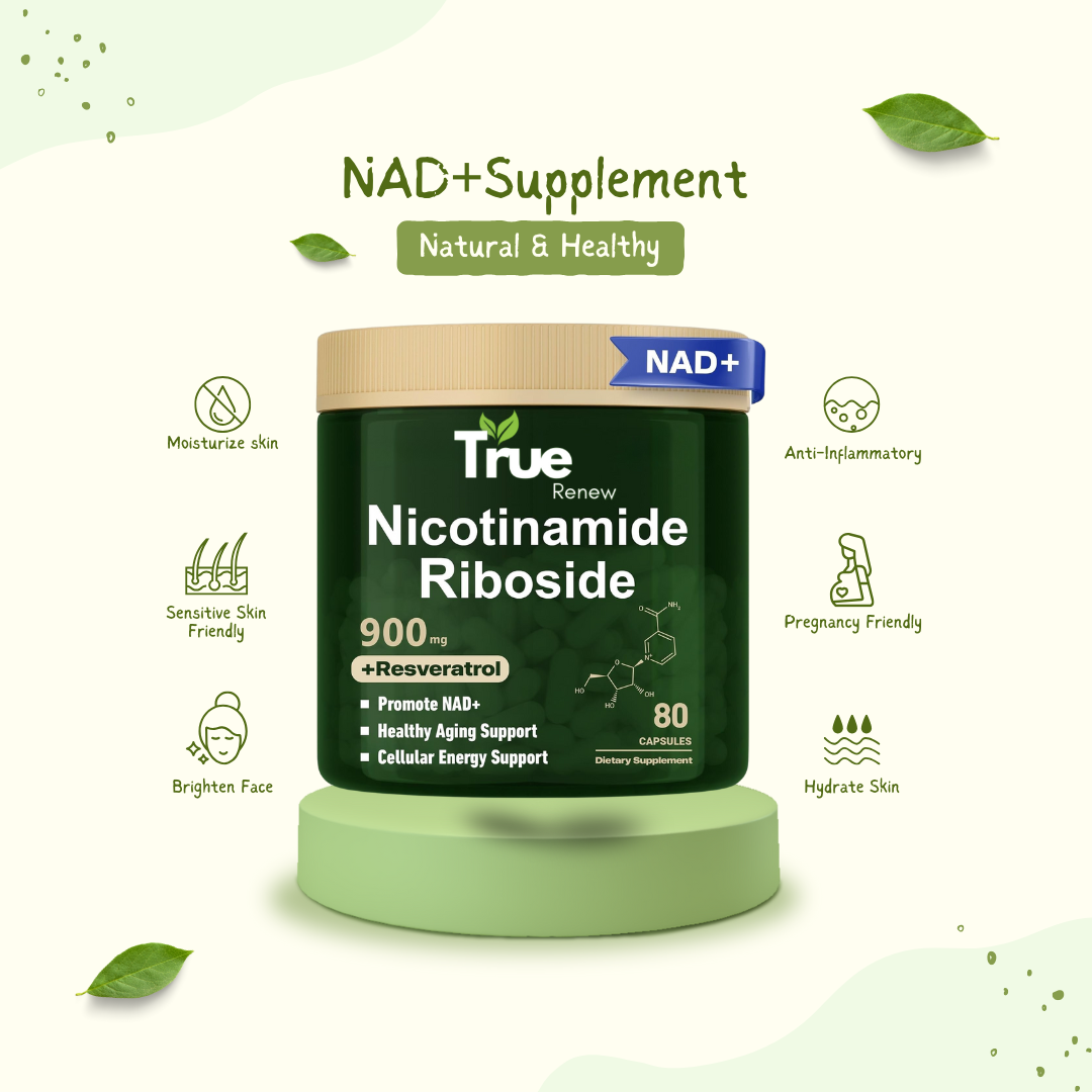 TrueRenew NAD+ Anti-Aging Supplement with Nicotinamide Riboside and Resveratrol for energy, cellular repair, and healthy aging, 80 capsules.