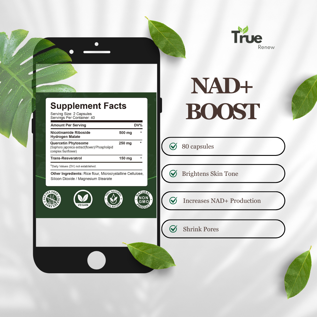 TrueRenew NAD+ Anti-Aging Supplement bottle with benefits and supplement facts background; enhances NAD+ production, brightens skin tone, 80 capsules.
